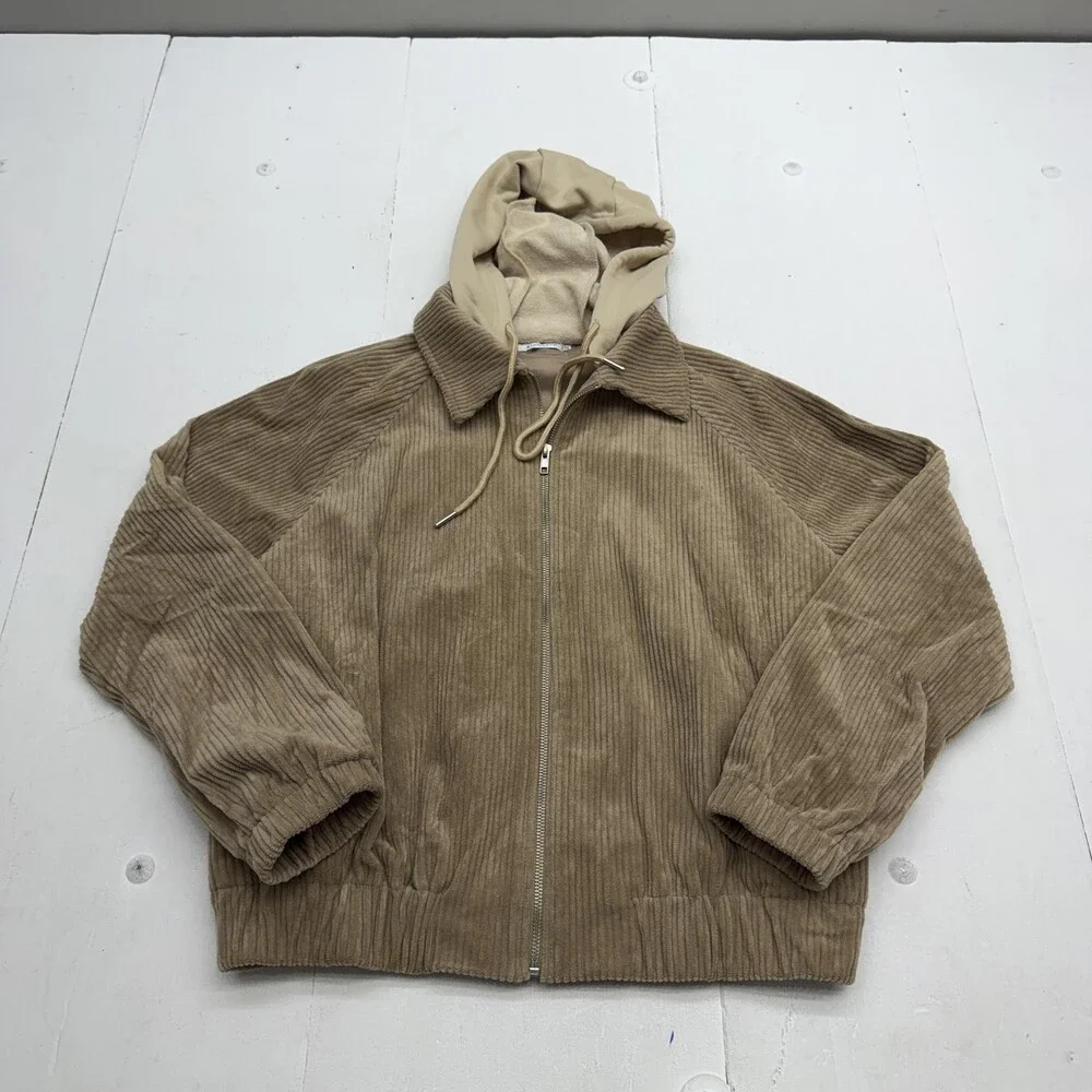 STACCATO Jacket Womens Small Beige Corduroy Hooded Bomber Full Zip Lined Pockets